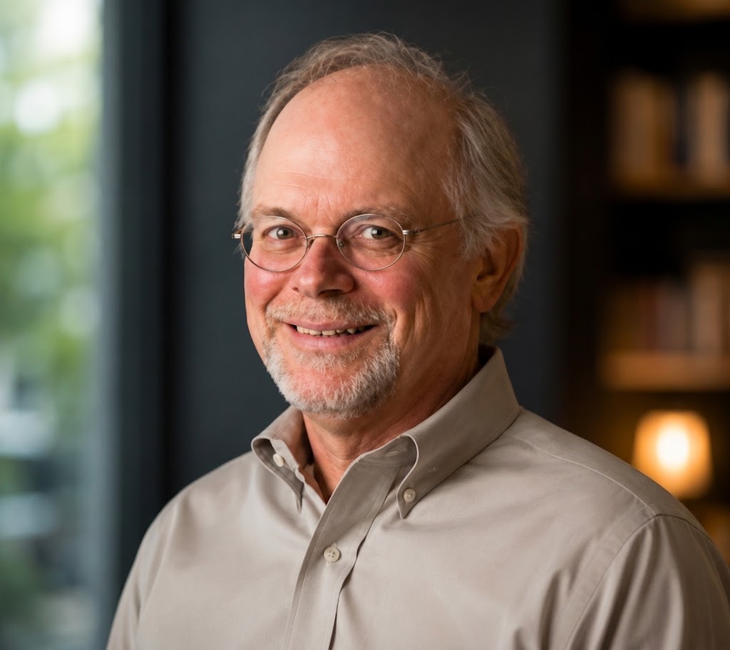 Marc DeLong, wearing wire-framed glasses and a pale shirt, smiling, in a room with bookshelves behind him.